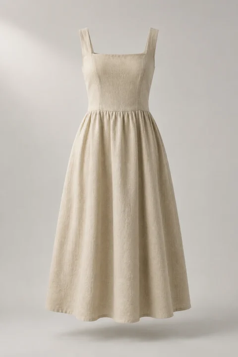 Linen Blend Midi Dress in Natural