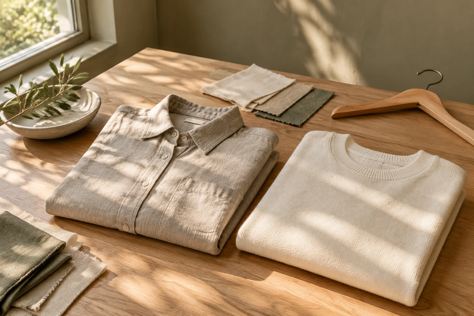 Linen, cotton knitwear and fabric textures in natural light